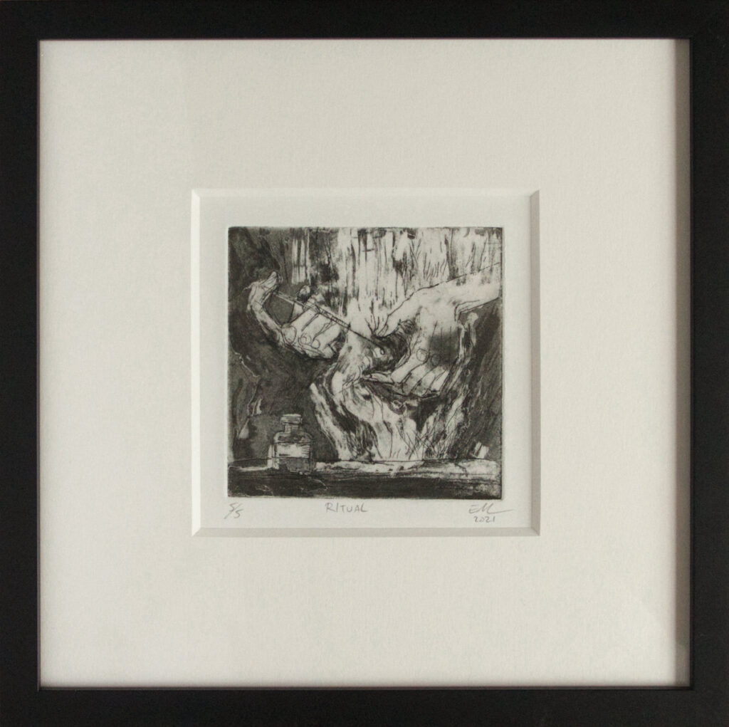 Em Miller, Ritual, Soap ground and aquatint etching, 12&quot; x 12&quot;, 2021